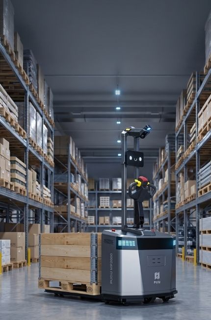 PUDU MP2000 autonomer Transportroboter beim Palettentransport in einem schmalen Lagergang