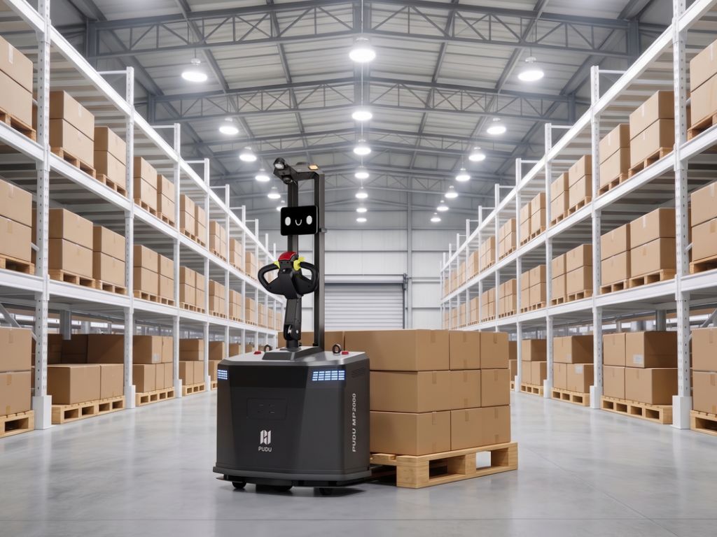 PUDU MP2000 beim autonomen Palettentransport zu einer Produktionslinie