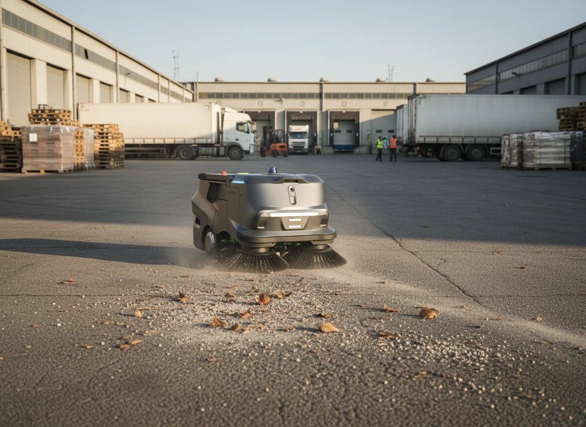 PUDU MT1 Kehrroboter bei der autonomen Außenreinigung auf einem Logistik- und Industrieareal.