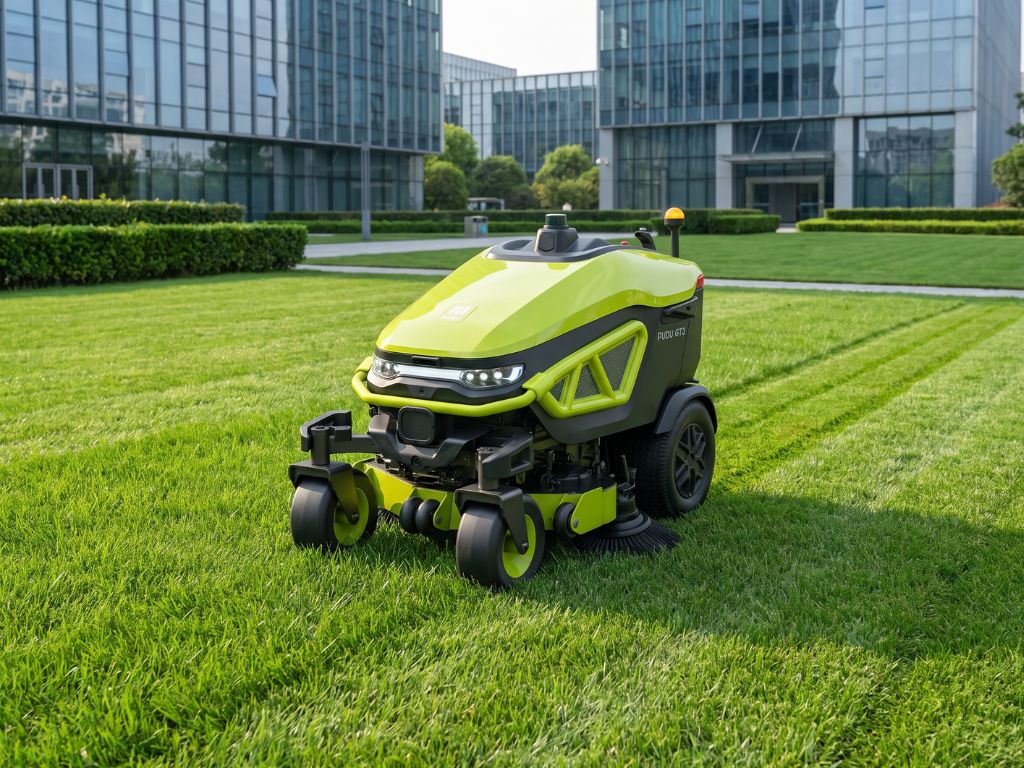 PUDU GT3 bei der autonomen Rasenpflege auf einer großen Grünfläche.