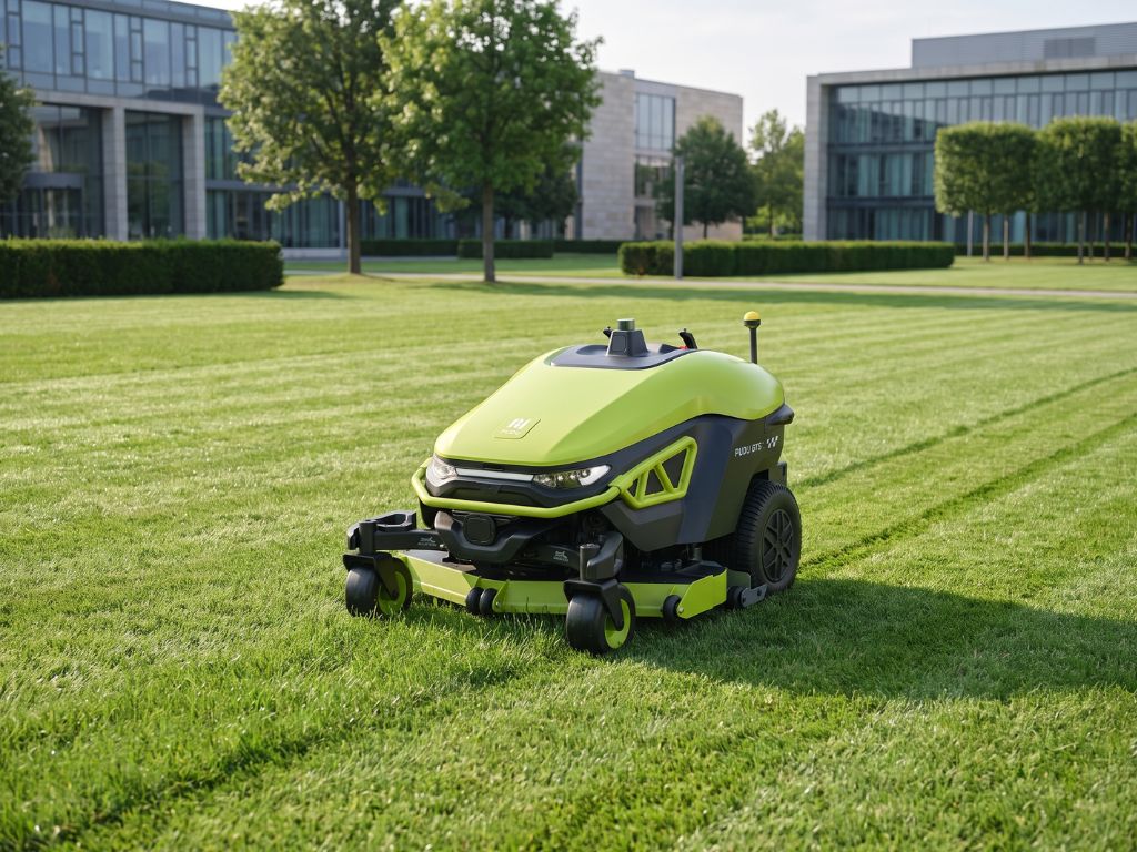 PUDU GT5 beim autonomen Mähen einer großflächigen professionellen Rasenanlage.