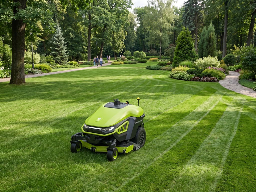 PUDU GT5 bei der autonomen Rasenpflege in einer weitläufigen Park- und Grünanlage.