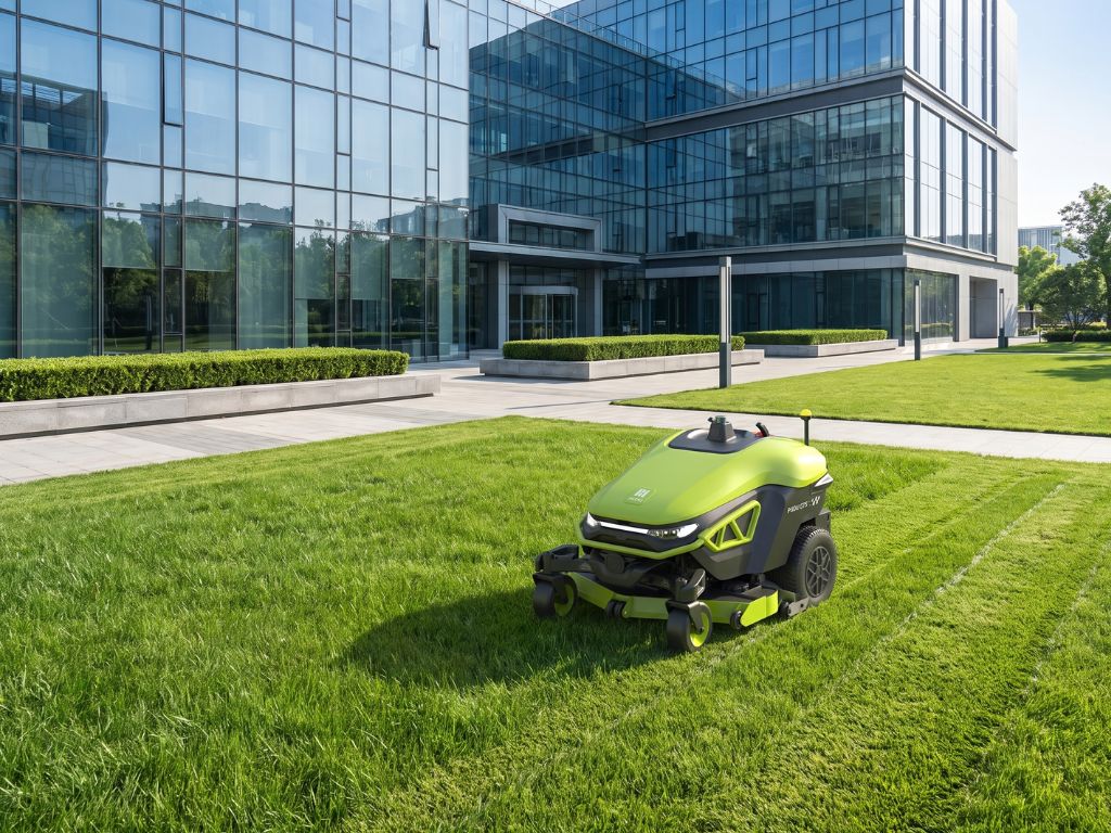PUDU GT5 bei der autonomen Pflege einer Rasenfläche auf einem modernen Unternehmensgelände.