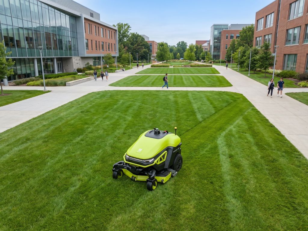 PUDU GT5 bei der autonomen Rasenpflege auf einem weitläufigen Campus.