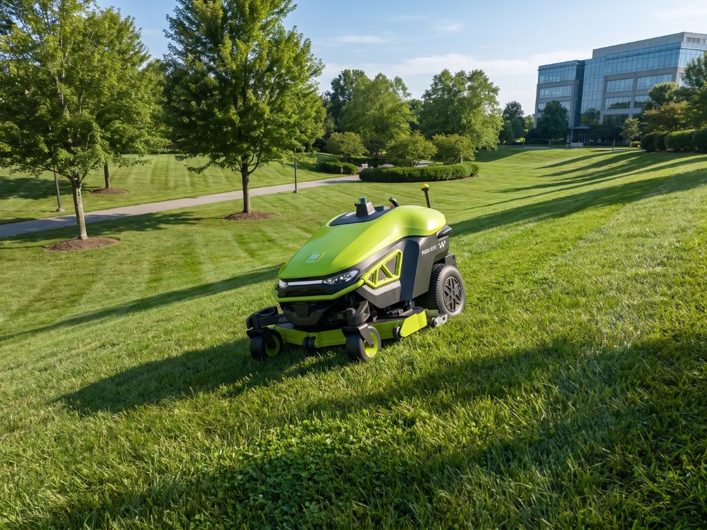 PUDU GT5 beim autonomen Mähen einer geneigten professionellen Rasenfläche.