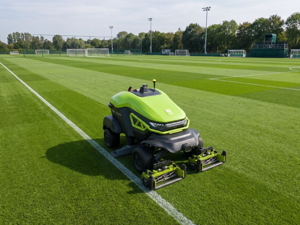 PUDU GT7 beim autonomen Spindelmähen eines professionellen Fußballplatzes.