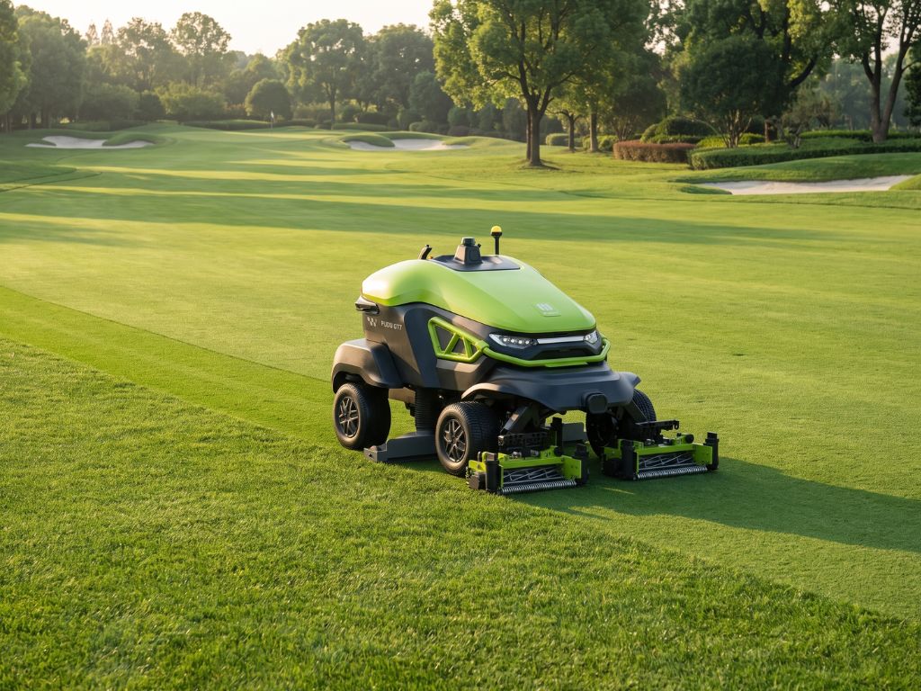 PUDU GT7 bei der präzisen autonomen Rasenpflege auf einer professionellen Golfanlage.