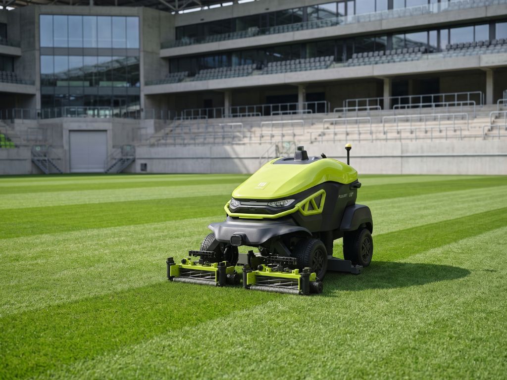 PUDU GT7 bei der autonomen Pflege einer hochwertigen Stadionrasenfläche.