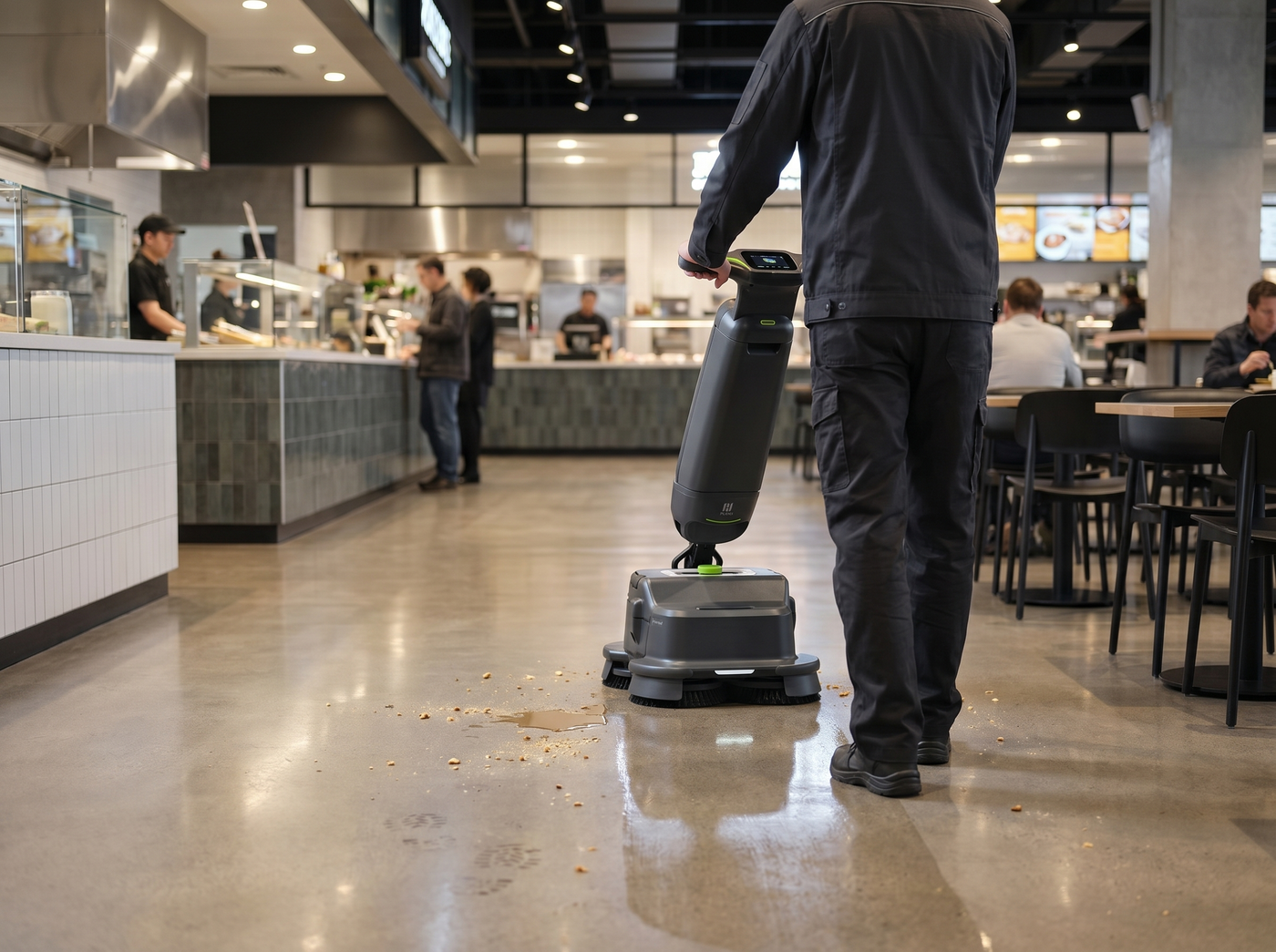 PUDU SH1 Scheuersaugmaschine bei der Zwischenreinigung in einem Food Court nach hoher Besucherfrequenz