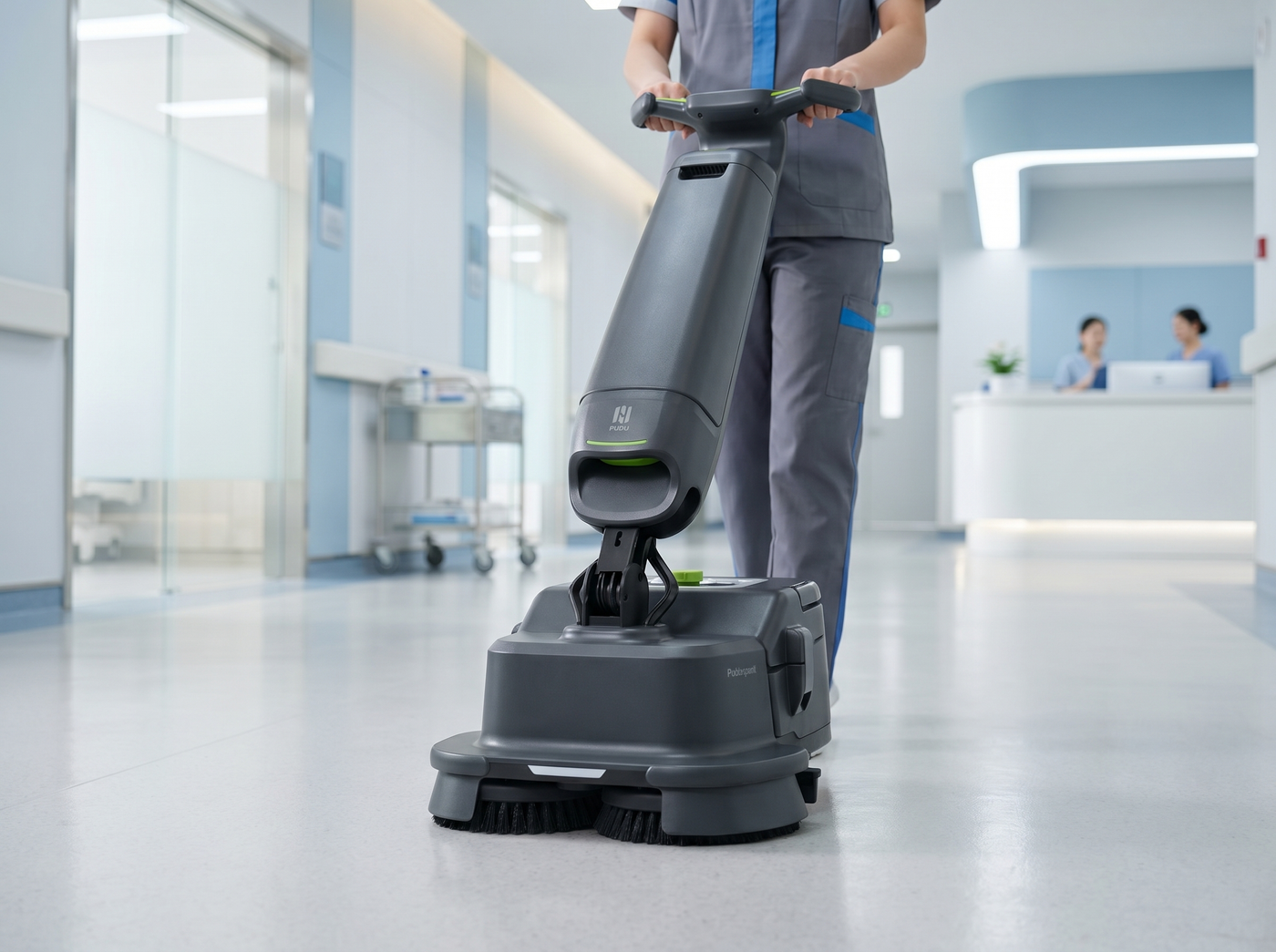 PUDU SH1 Scheuersaugmaschine bei der hygienischen Bodenreinigung in einem modernen Klinikflur
