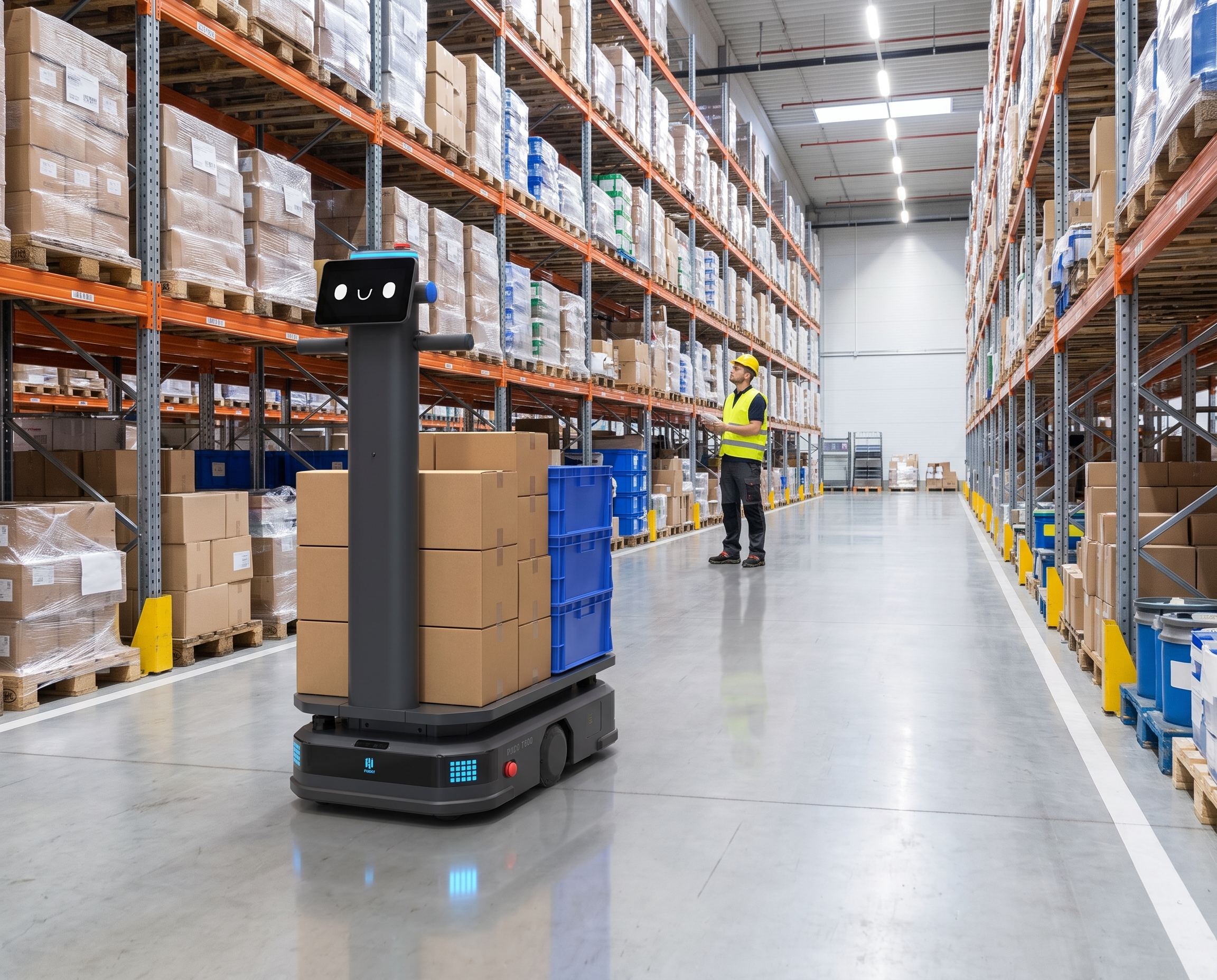 PUDU T600 Transportroboter im modernen Lager bei der autonomen Materialbeförderung in Industrie und Logistik