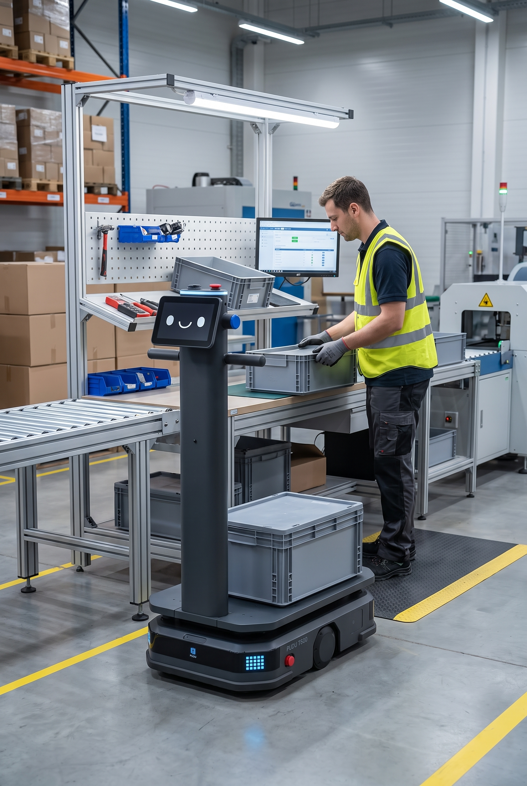PUDU T600 bei der autonomen Materialübergabe an einem industriellen Produktions- und Logistikarbeitsplatz