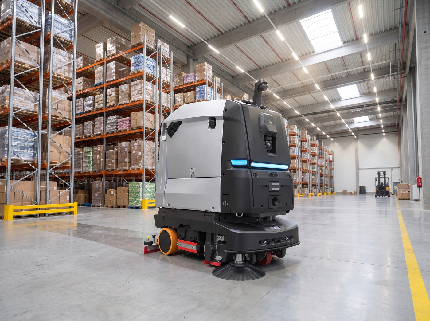 PUDU BG1 Reinigungsroboter in einer Logistikhalle