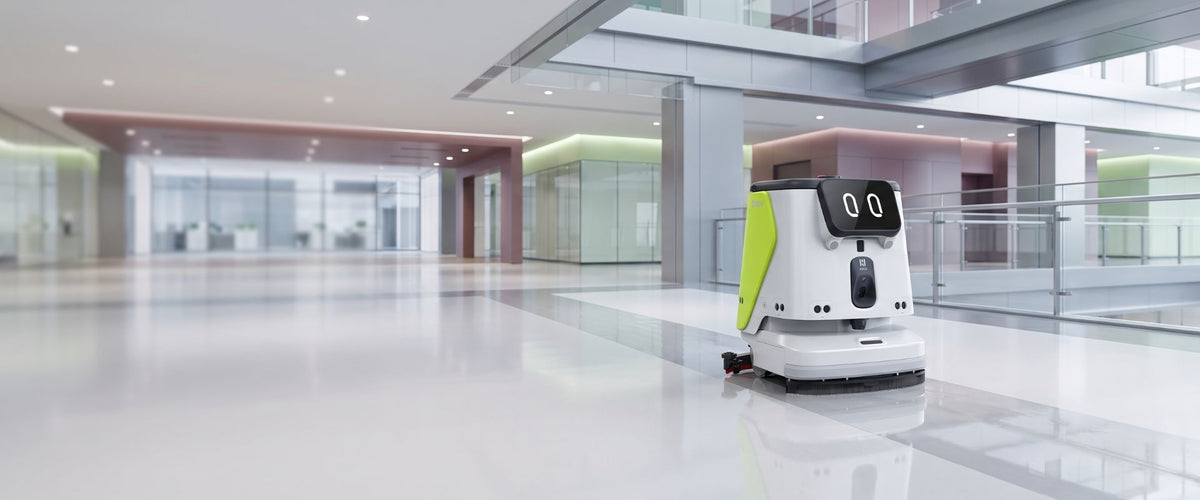 PUDU CC1 Pro Reinigungsroboter bei der autonomen Bodenreinigung in einem modernen Gewerbegebäude