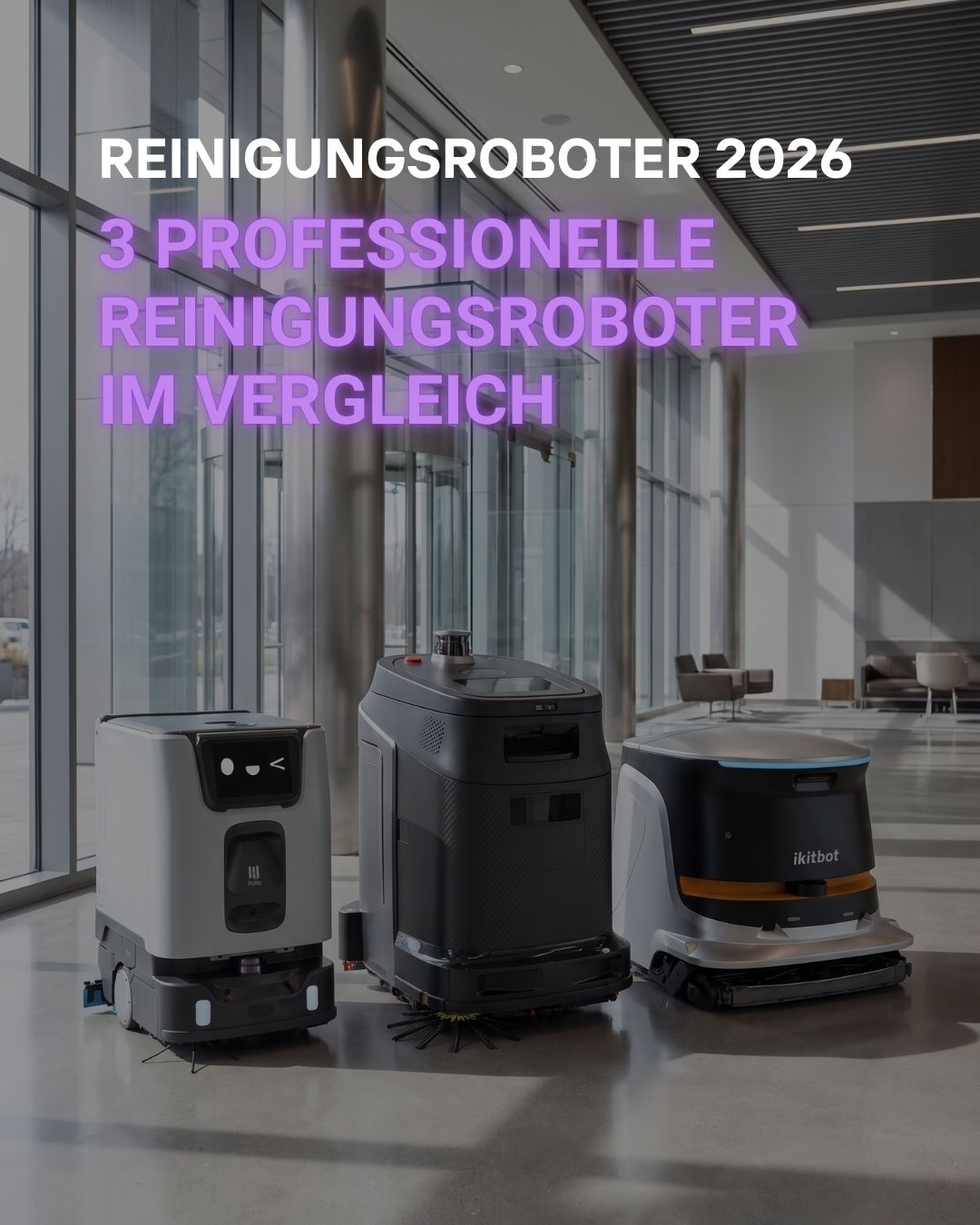Drei professionelle Reinigungsroboter von PUDU, Gausium und iKitbot im Vergleich für Gewerbe und Industrie