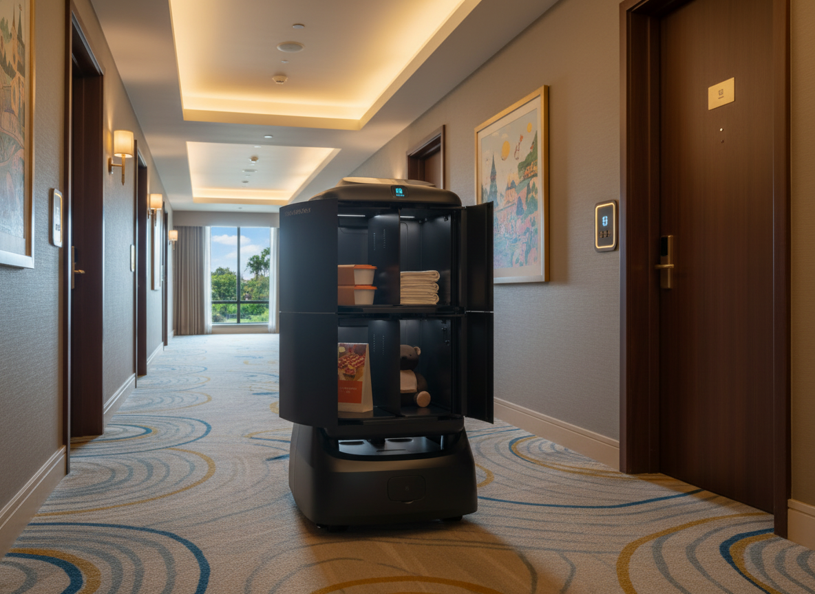 Serviceroboter im Resortflur beim autonomen Zimmerservice mit Handtüchern und Gästebedarf.