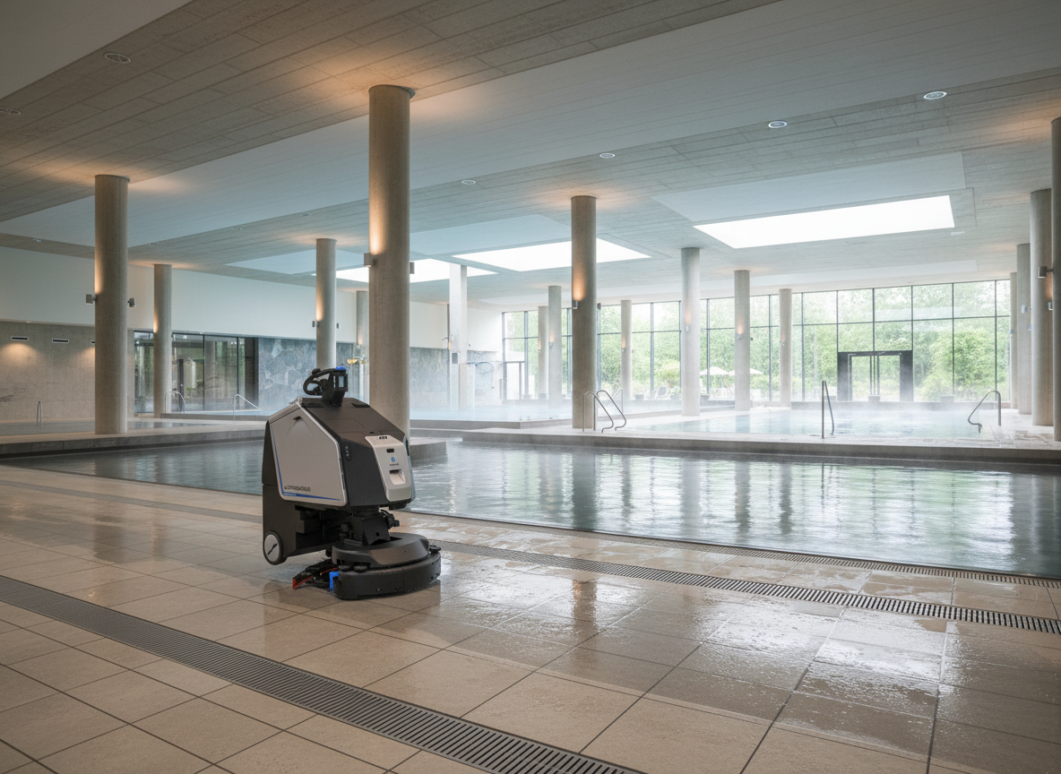 Autonomer Reinigungsroboter Gausium Scrubber 75 bei der Fliesenreinigung in einem Hallenbad – Terra Robotics.