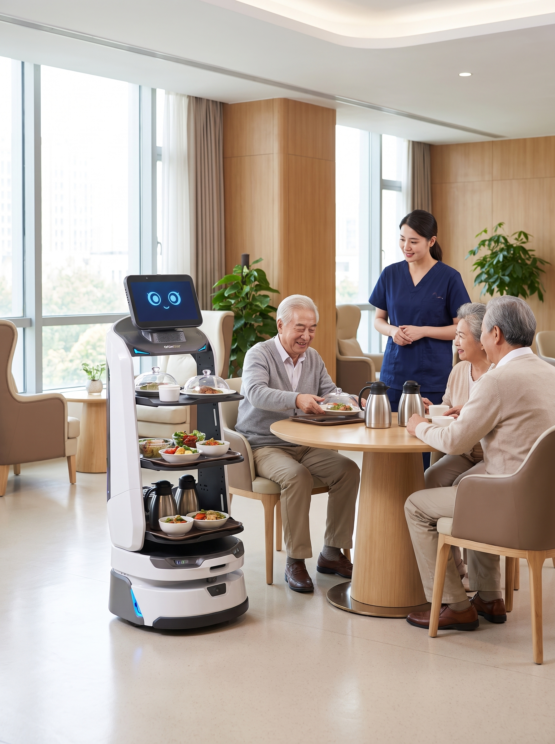 Serviceroboter im Krankenhausflur beim autonomen Transport von Mahlzeiten, Material und Pflegeutensilien