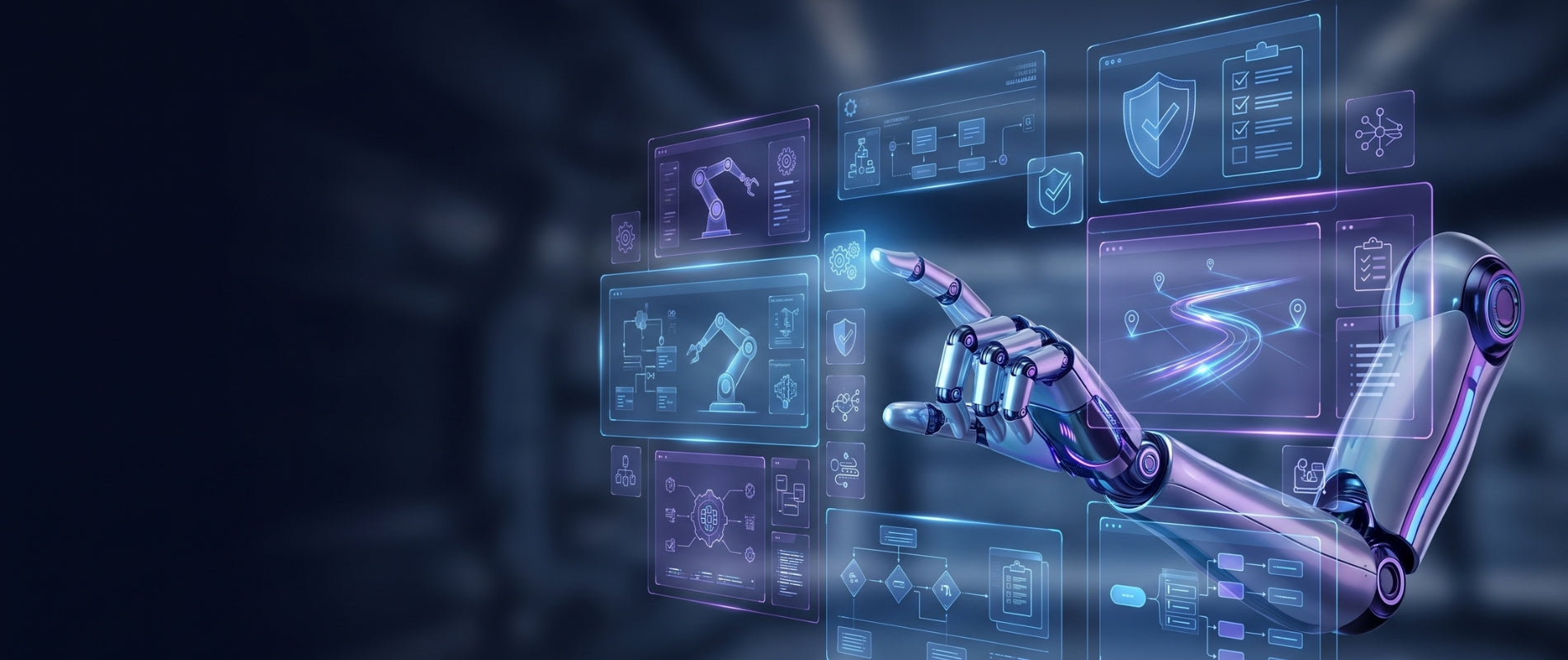 Futuristischer Hero Banner zur Terra Akademie mit Roboterhand und holografischer Schulungsoberfläche für Robotik-Schulungen