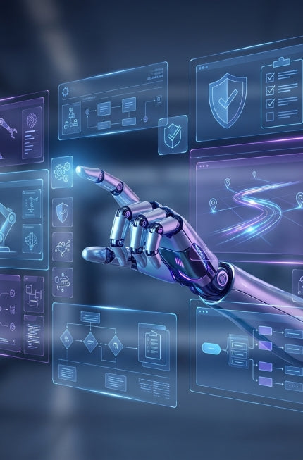 Futuristischer Hero Banner zur Terra Akademie mit Roboterhand und holografischer Schulungsoberfläche für Robotik-Schulungen