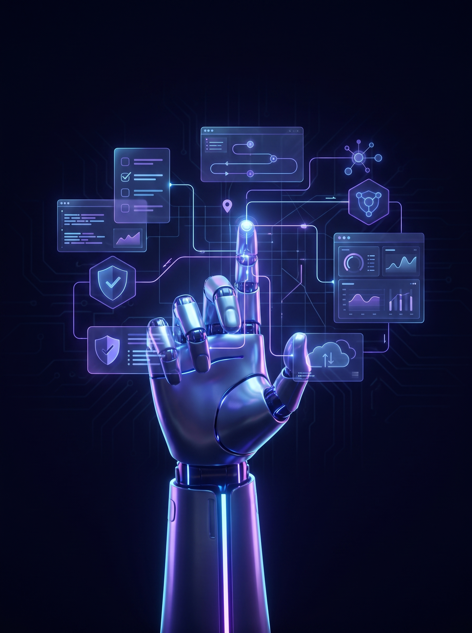 Futuristische Roboterhand mit holografischer Lernplattform für professionelle Robotik-Schulungen der Terra Akademie