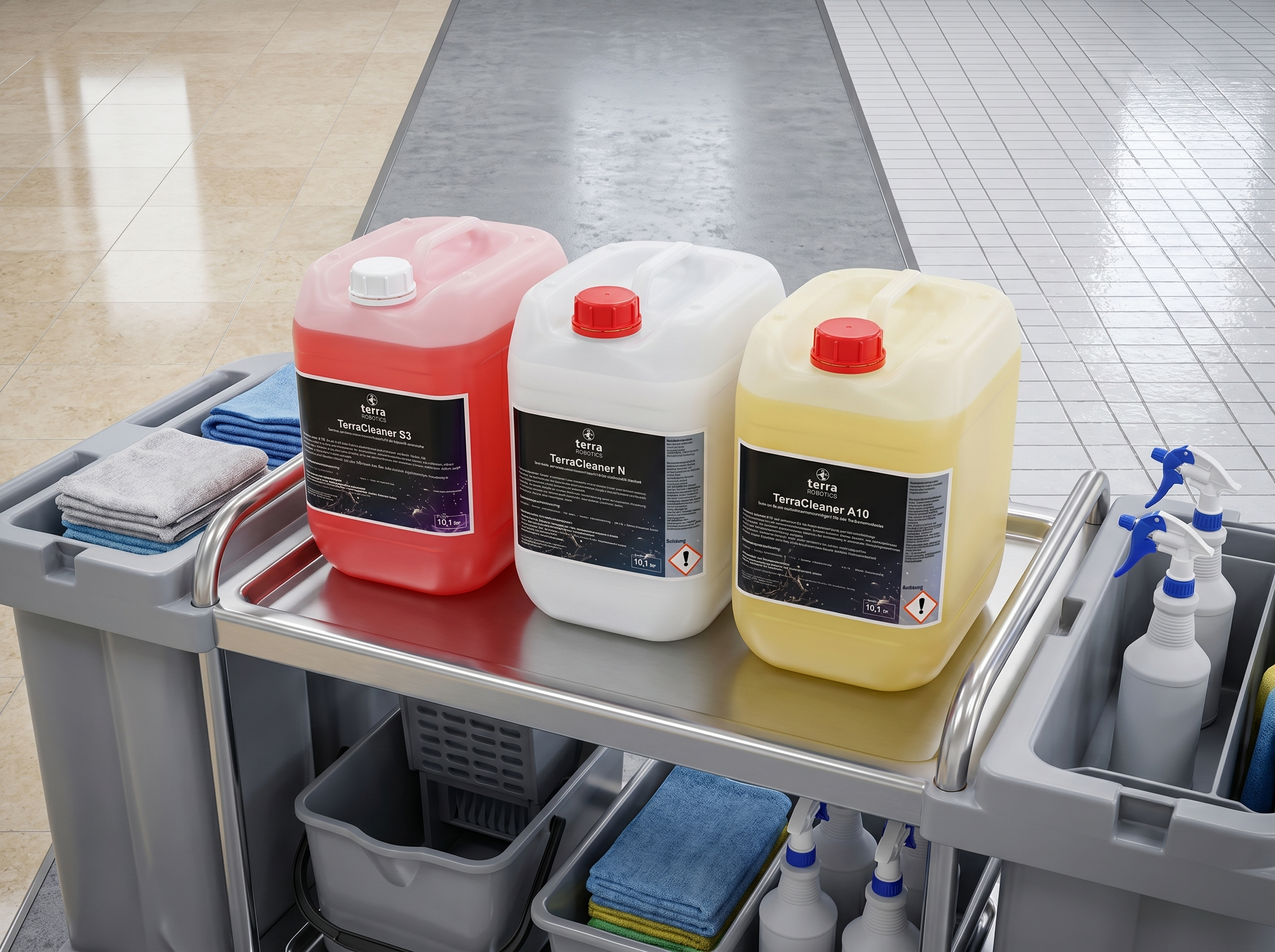 TerraCleaner Reinigungsmittel auf einem Reinigungswagen für professionelle Bodenpflege im Gewerbe.