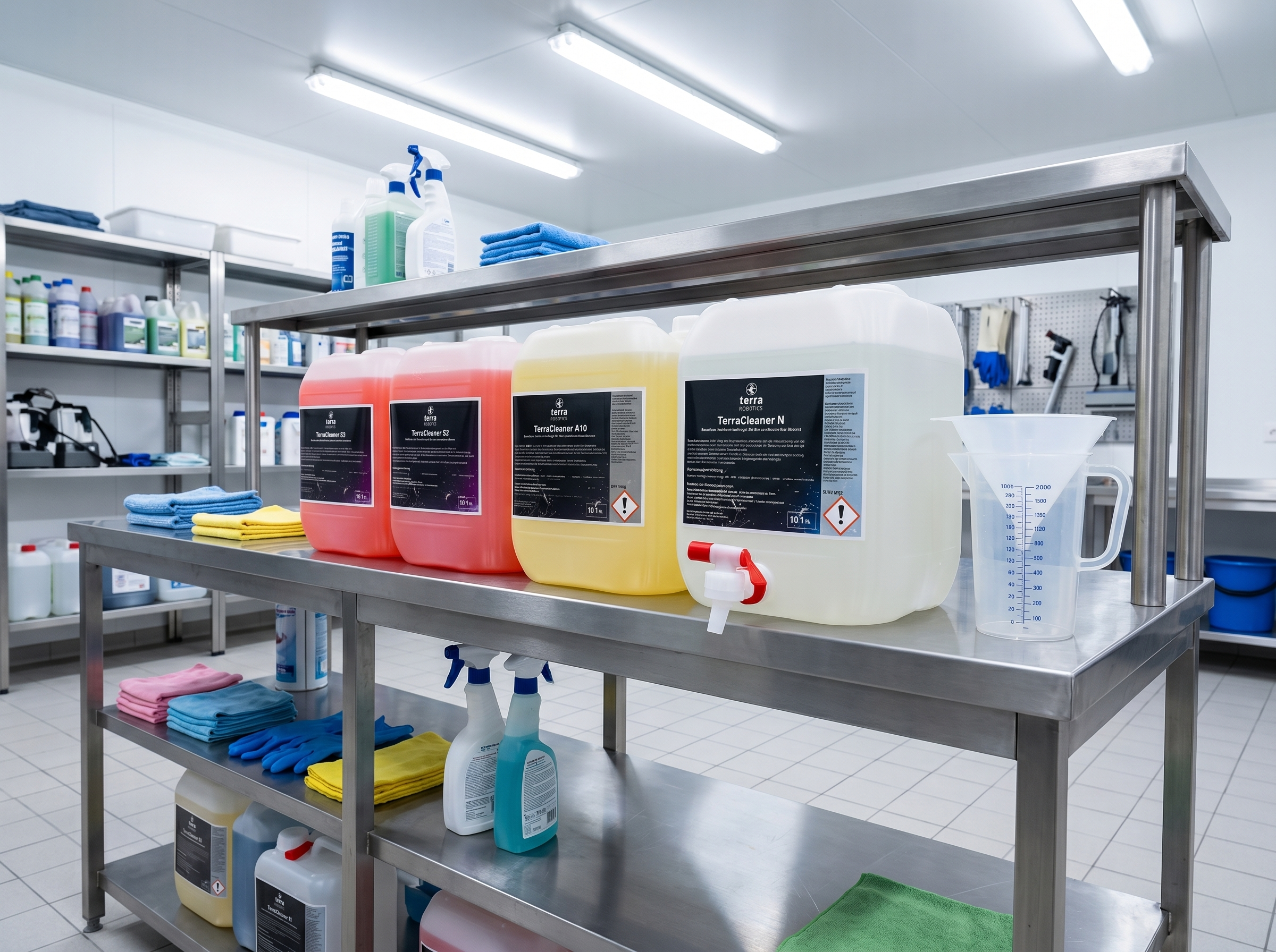 TerraCleaner Reinigungsmittel Sortiment für professionelle Gewerbereinigung auf einem Edelstahlregal.