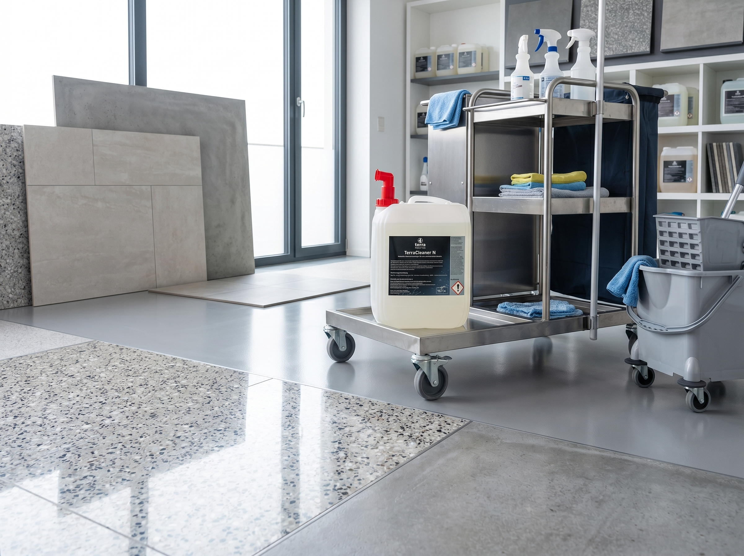 TerraCleaner N Reinigungsmittel auf einem Reinigungswagen für professionelle Bodenreinigung im Gewerbe.