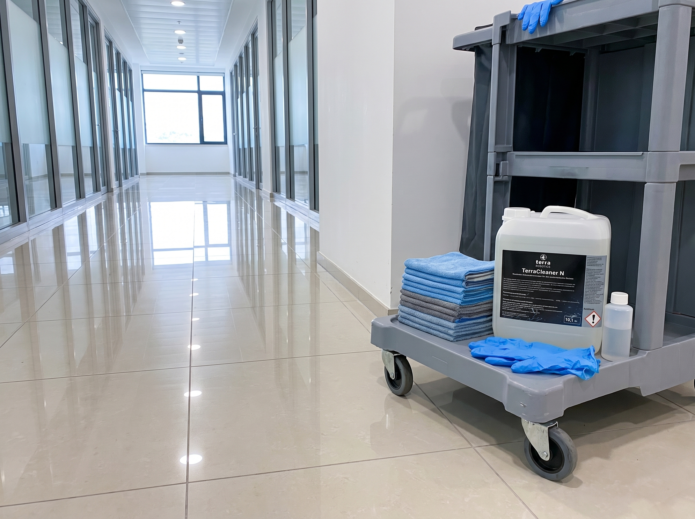 TerraCleaner N Reinigungsmittel auf einem Reinigungswagen in einem sauberen Büroflur.