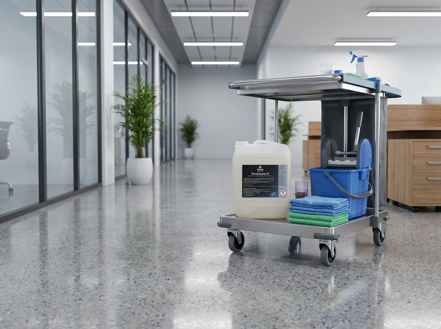 TerraCleaner N Reinigungsmittel auf einem Reinigungswagen in einem modernen Büroflur mit gereinigtem Steinboden.