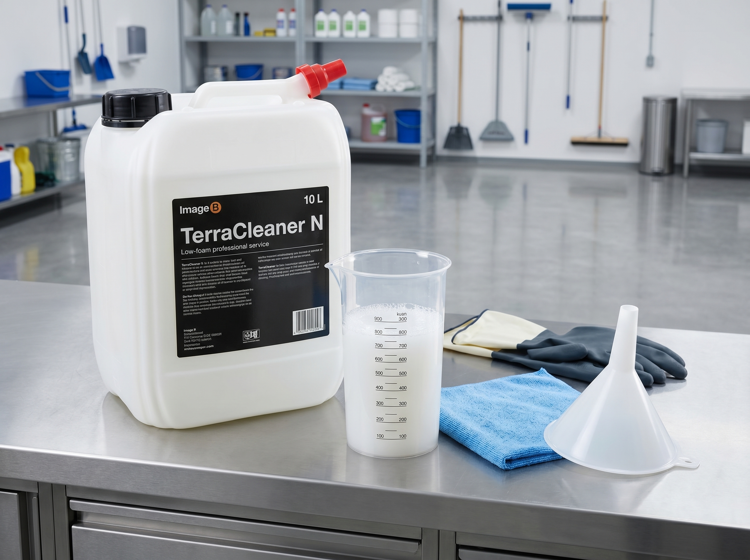 TerraCleaner N Reinigungsmittel mit Messbecher, Trichter und Zubehör zur Dosierung in der Gewerbereinigung.