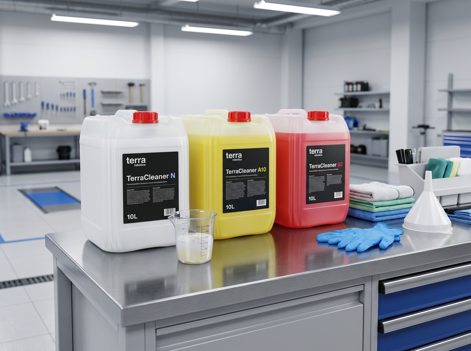 TerraCleaner N, A10 und S3 Reinigungsmittel für professionelle Gewerbereinigung mit Zubehör.