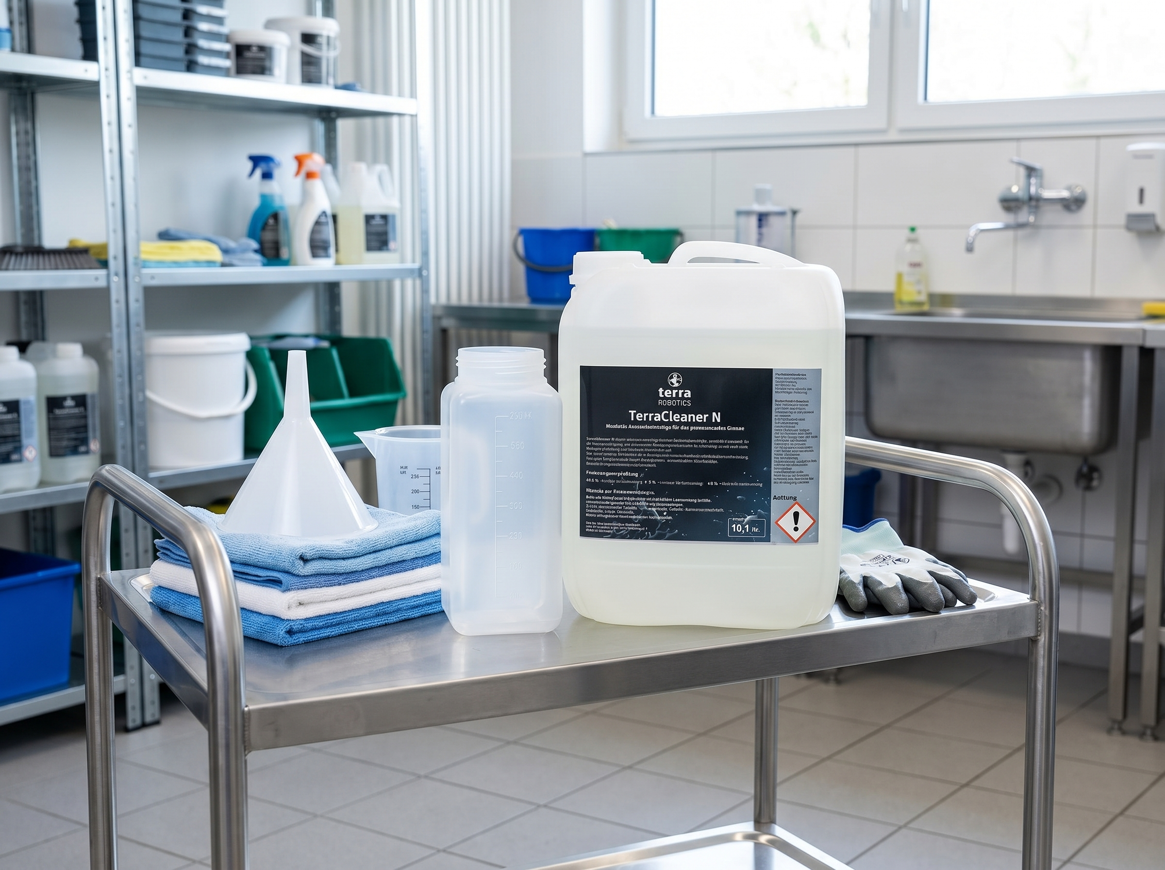 TerraCleaner N Reinigungsmittel mit Dosierflasche und Zubehör auf einem Reinigungswagen.