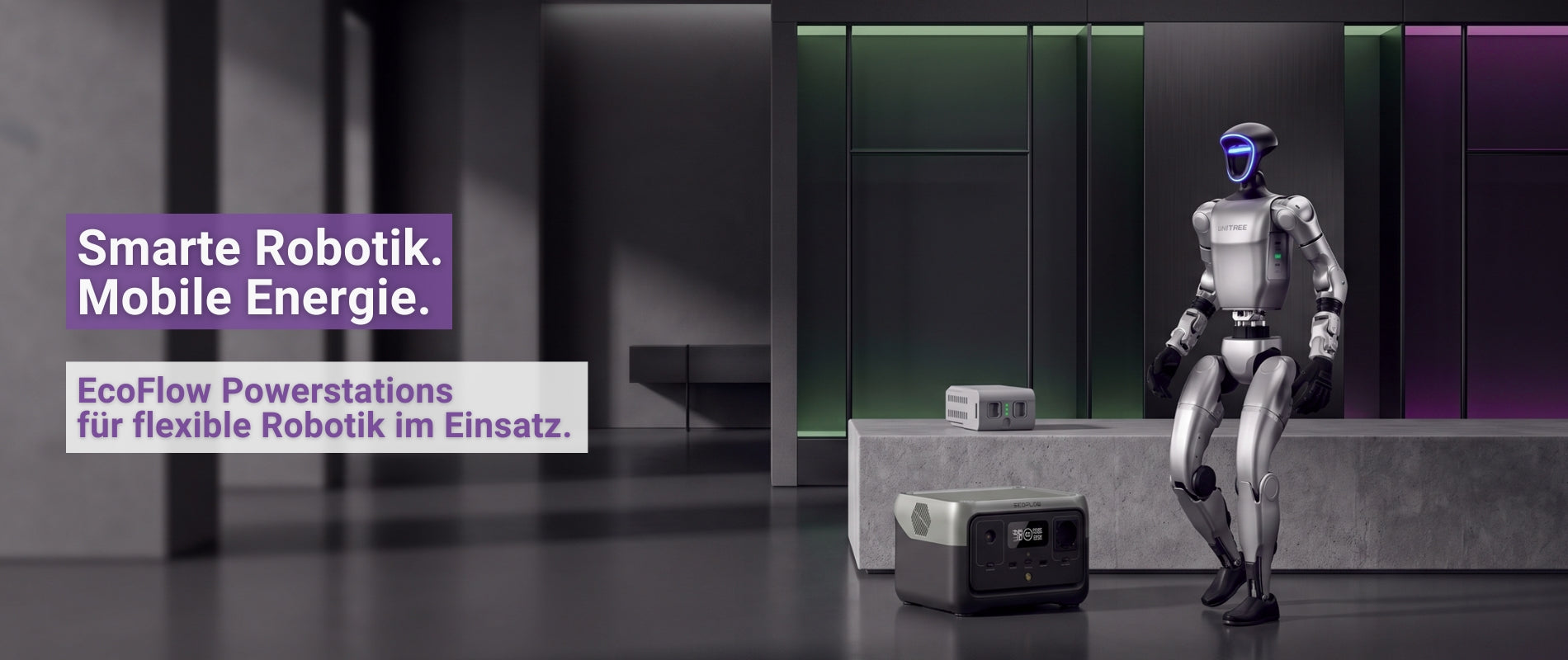Humanoider Roboter mit EcoFlow Powerstation als Hero-Banner für smarte Robotik und mobile Energie im professionellen Einsatz