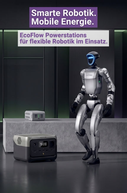 Humanoider Roboter mit EcoFlow Powerstation im mobilen Hero-Banner für flexible Robotiklösungen und mobile Energie
