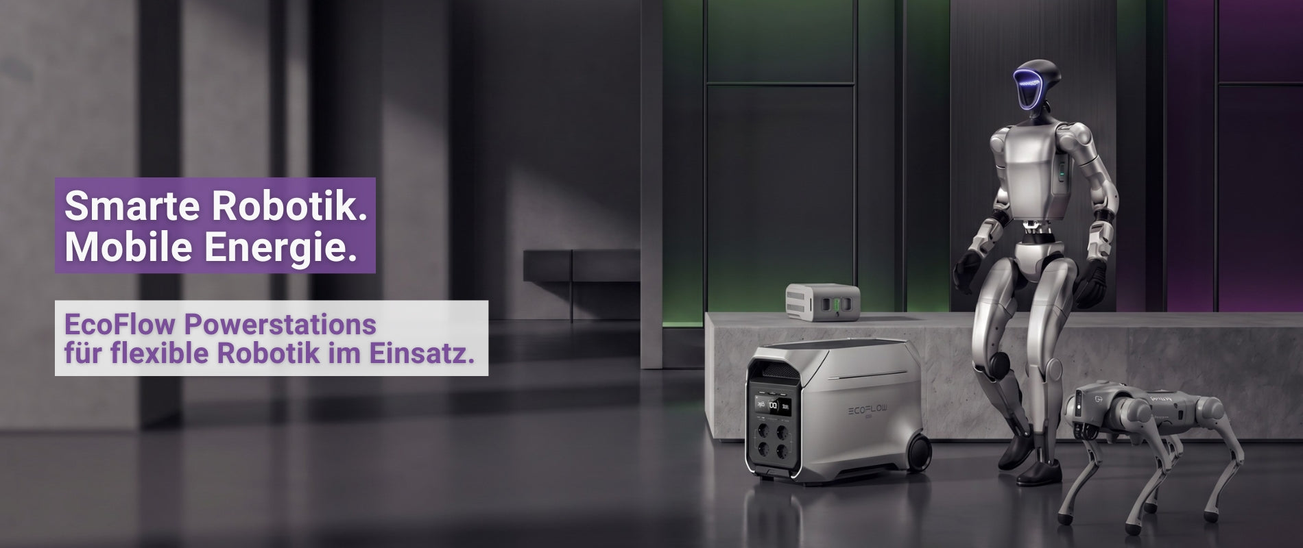 Humanoider Roboter mit EcoFlow Powerstation als Hero-Banner für smarte Robotik und mobile Energie im professionellen Einsatz