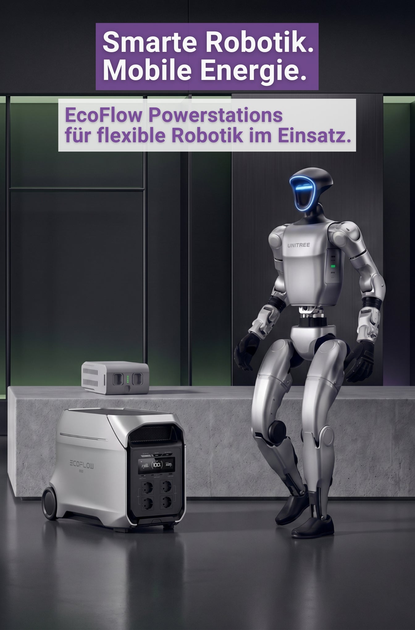 Humanoider Roboter mit EcoFlow Powerstation im mobilen Hero-Banner für flexible Robotiklösungen und mobile Energie