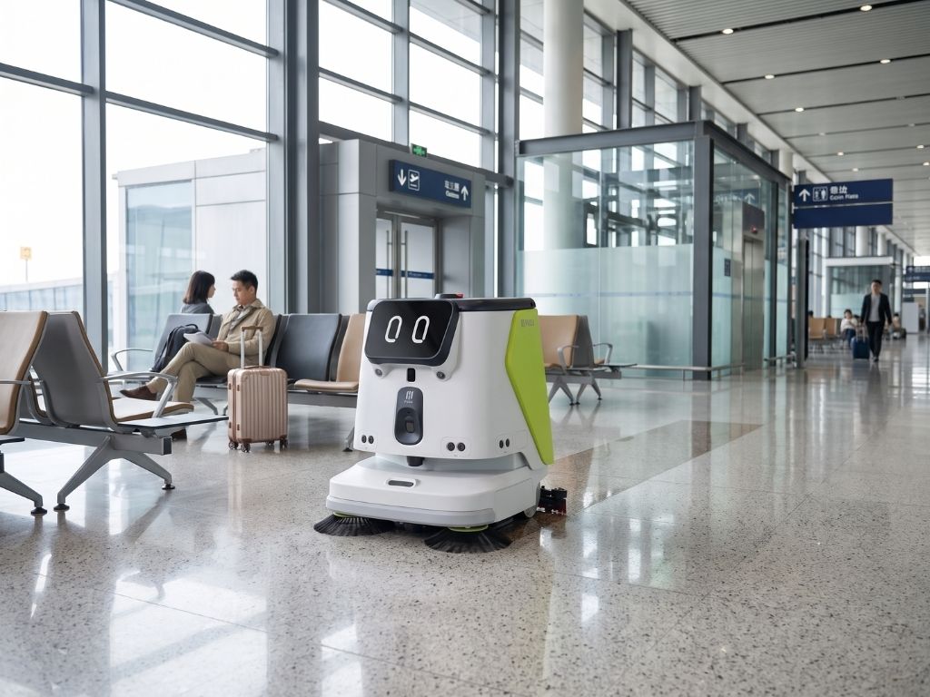 PUDU CC1 Reinigungsroboter bei der autonomen Bodenreinigung in einem modernen Flughafen-Terminal