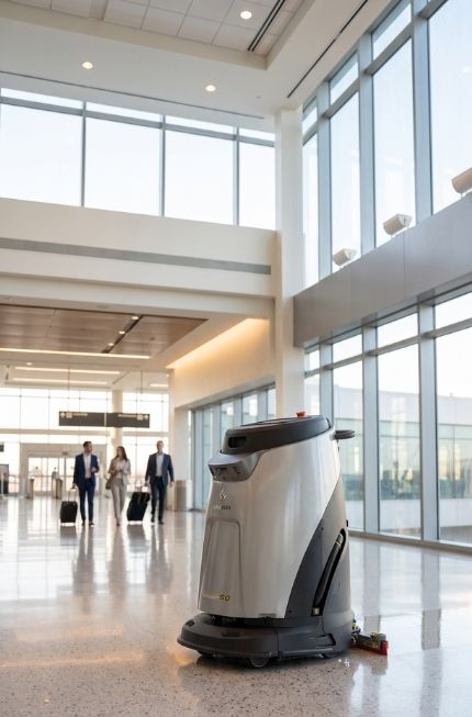 Gausium Scrubber 50 Reinigungsroboter bei der autonomen Bodenreinigung in einem modernen Flughafen-Terminal