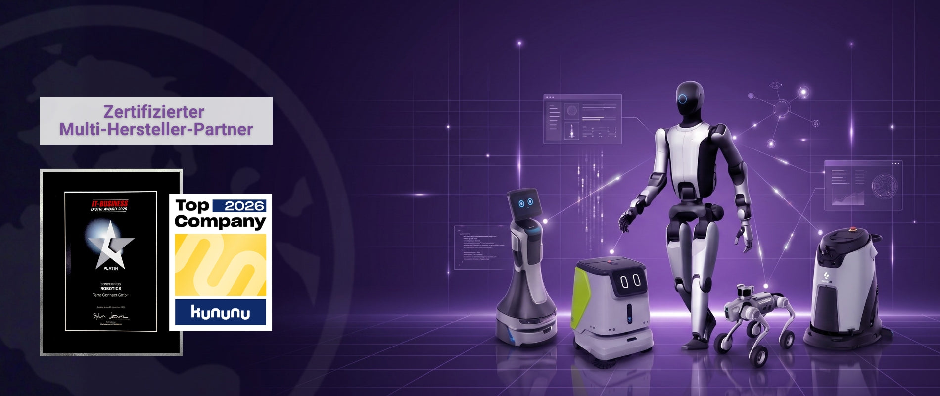 Terra Robotics Hero-Banner zum Reseller-Partnerprogramm mit humanoidem Roboter, Serviceroboter, Roboterhund und Reinigungsroboter vor futuristischem lila Technologie-Hintergrund