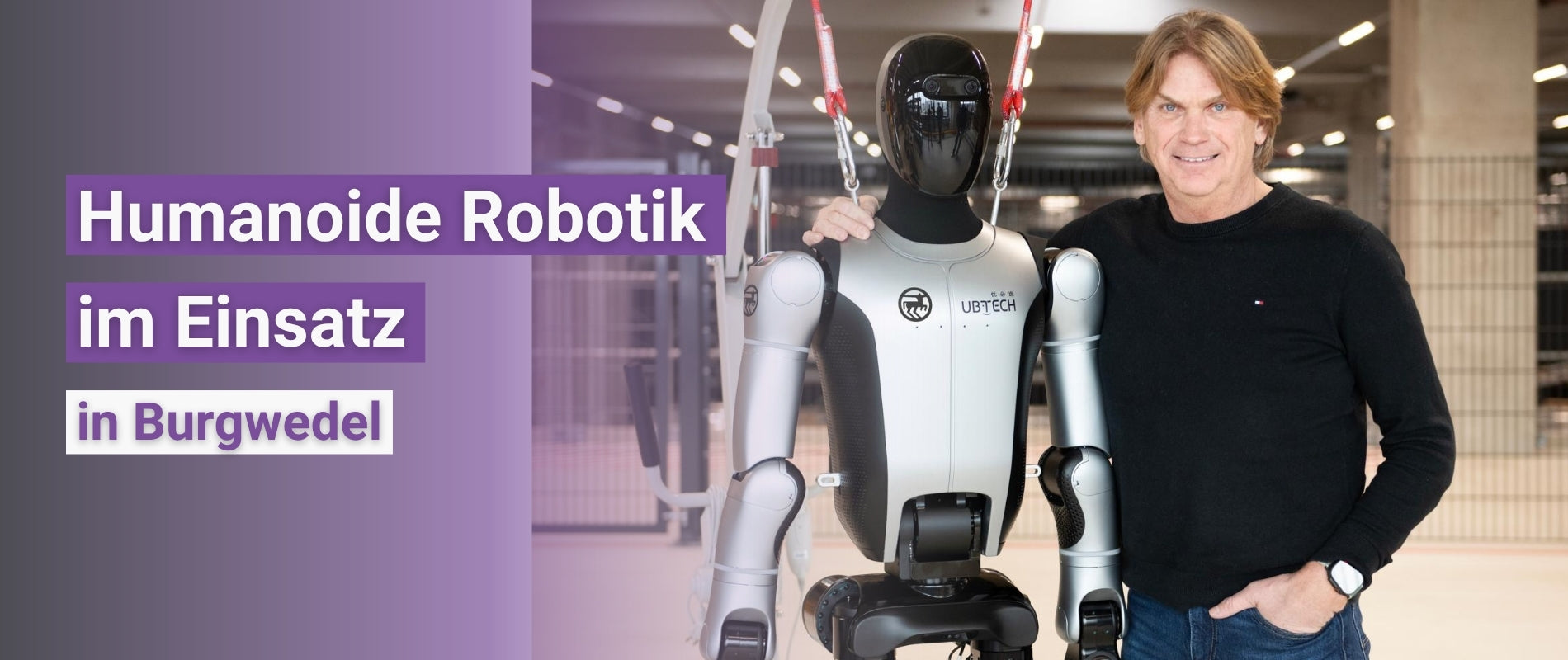 Humanoider Roboter neben einer Person als Hero-Banner zur Partnerschaft von Terra Robotics und Rossmann in Burgwedel.