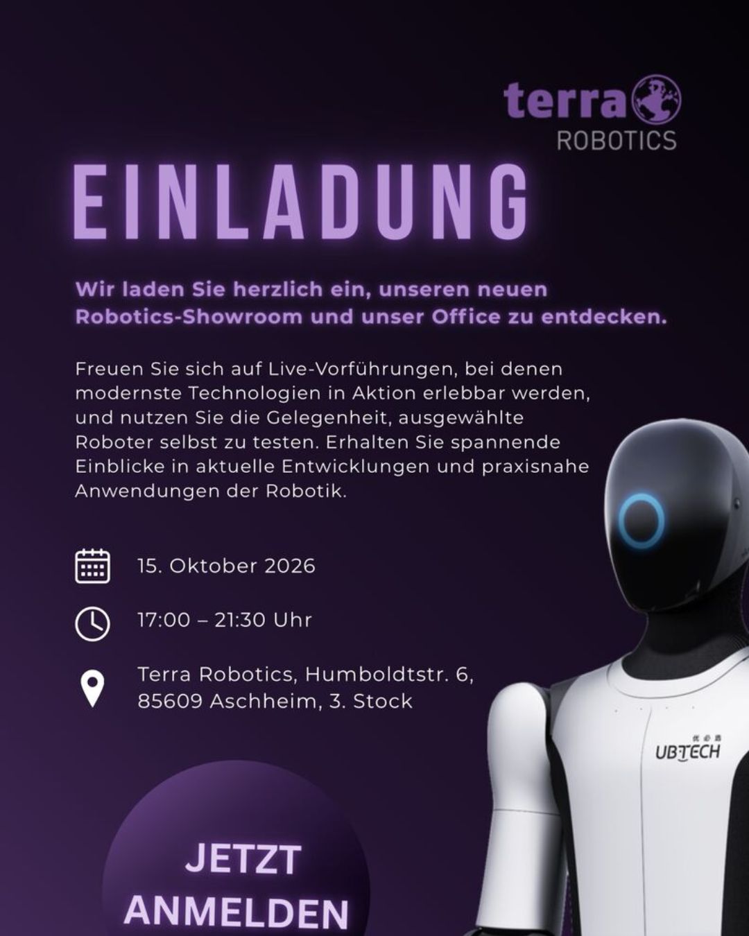Einladung zur Eröffnung des neuen Terra Robotics Showrooms in Aschheim bei München