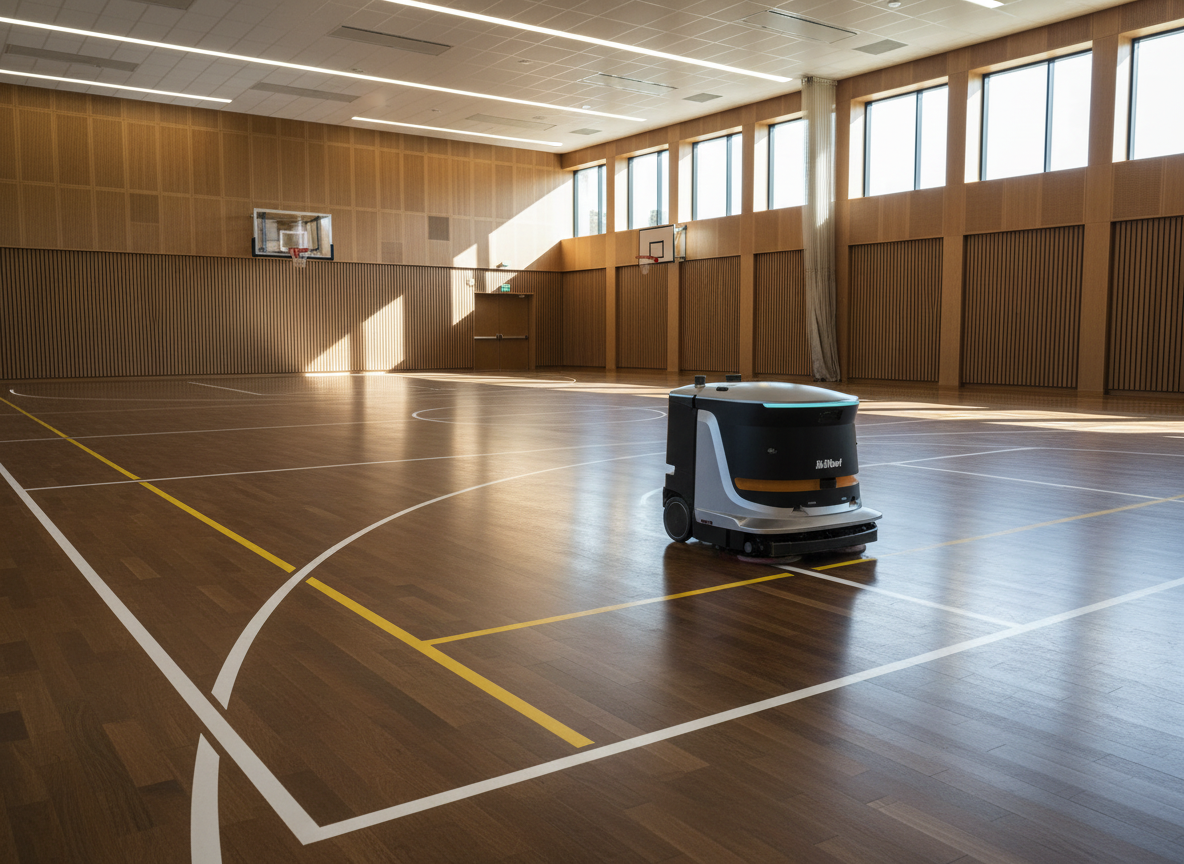 Autonomer Saugroboter IkitBot One S55 Pro bei der Parkettreinigung in einer Sporthalle - Terra Robotics.