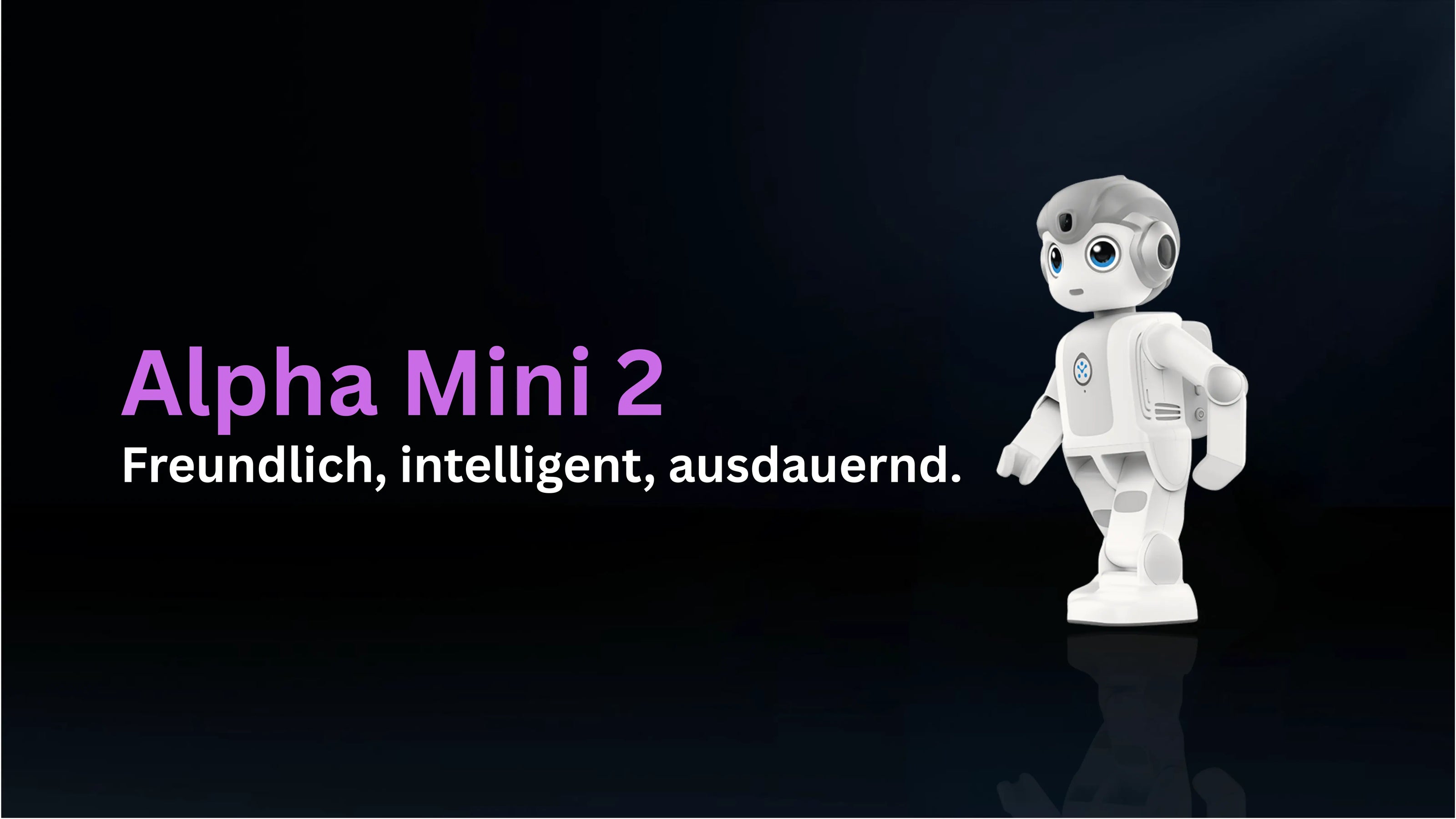 Alpha Mini 2 Lernroboter auf dunklem Banner mit Claim freundlich, intelligent, ausdauernd von Terra Robotics.