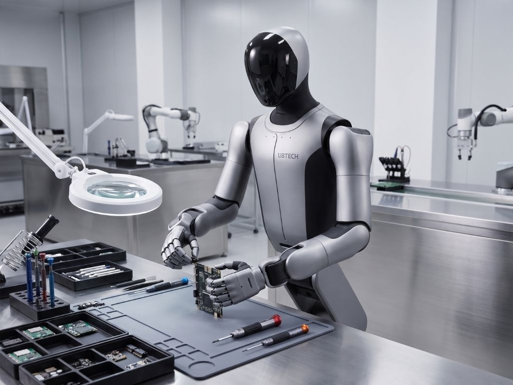 UBTECH Cruzr S2 bei der präzisen Montage und Handhabung kleiner Industriekomponenten