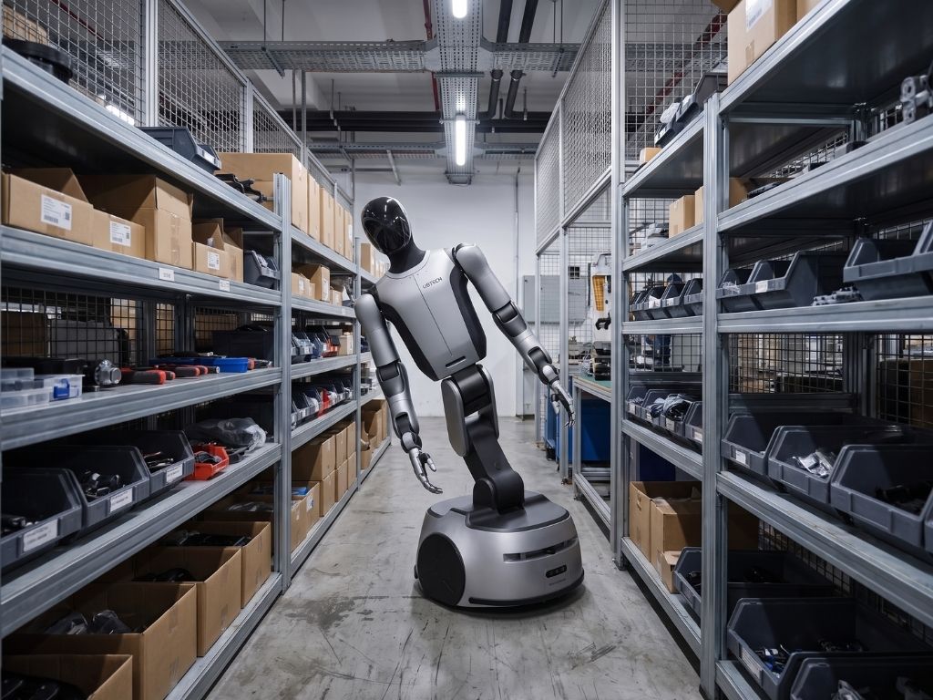 UBTECH Cruzr S2 beim Materialhandling in einem schmalen Gang einer industriellen Produktionsumgebung