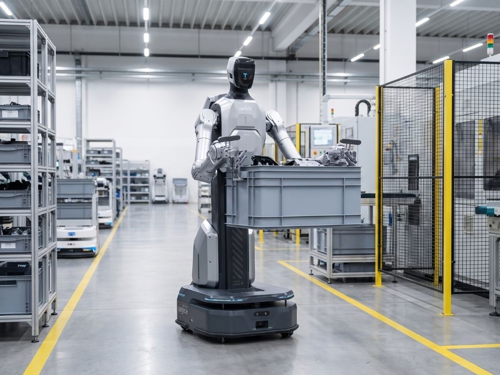 UBTECH Cruzr Y1 beim autonomen Materialtransport in einer Produktionshalle