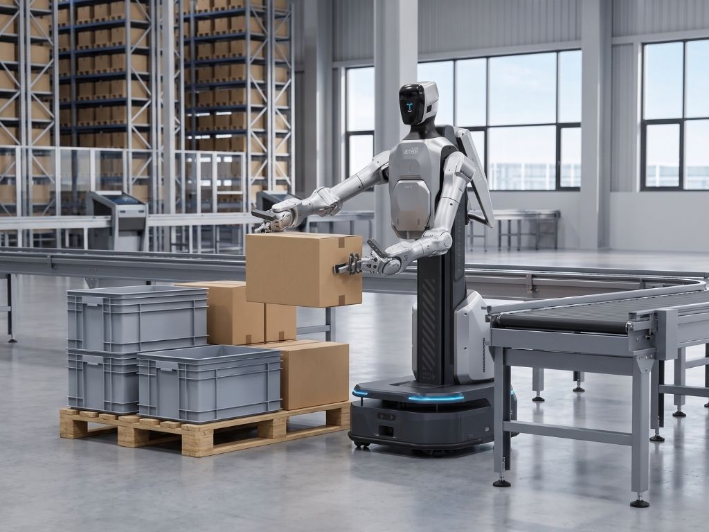 UBTECH Cruzr Y1 beim automatisierten Palettieren von Behältern