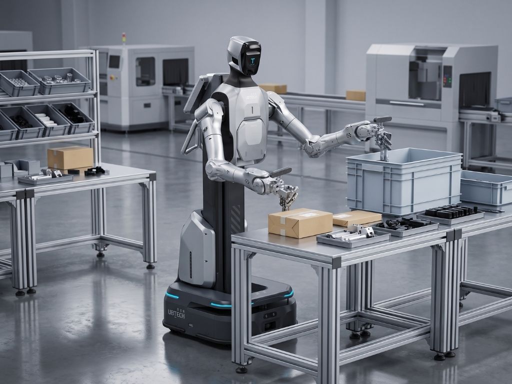 UBTECH Cruzr Y1 beim Handling von Kartons und Industriebauteilen