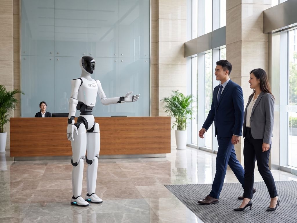 UBTECH Walker C1 bei der Begrüßung von Besuchern in einem modernen Empfangsbereich